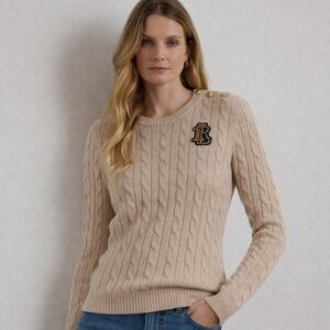 RALPH LAUREN CABLE KNIT SWEATER LOGO PATCH CREST BUTTONS
